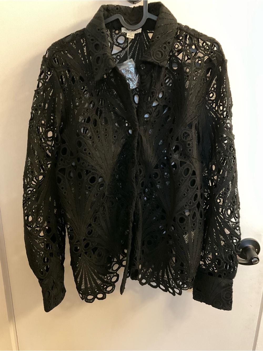 Black Lace Cutout Long Sleeve Top w/ Front Buttons - Large